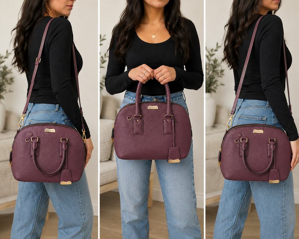 Burberry Orchard Bowling Bag Large Purple Pebbled Leather Gold Hardware